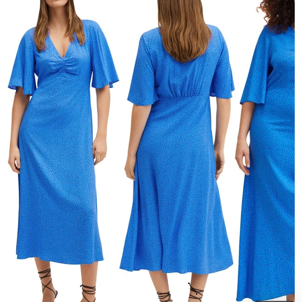 Mango Dot Print Ruched Dress - Size L